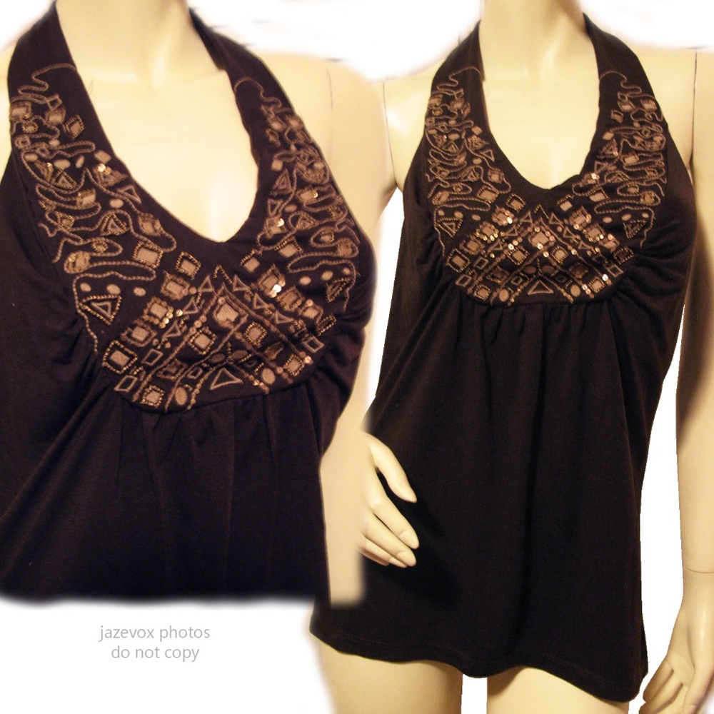 Vintage Y2K 90s NWT a.n.a. ANA Brown Halter Top Blouse Gold Sequin Beaded Casual